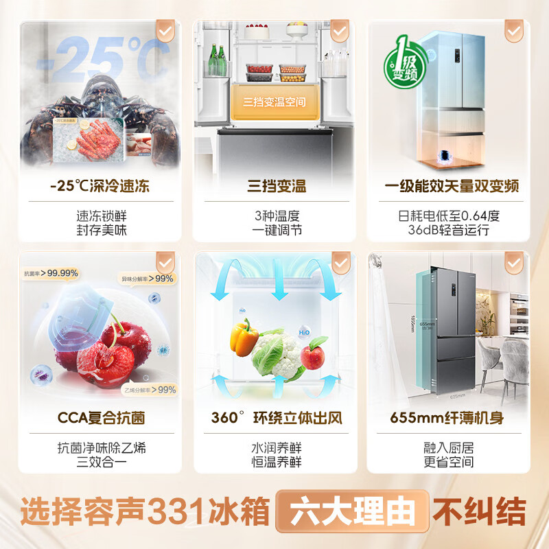 Rongsheng 331L French multi-door refrigerator small apartment ultra-thin first-class energy efficiency air-cooled frost-free dual frequency conversion energy-saving four-door trade-in BCD-331WD11MP national subsidy