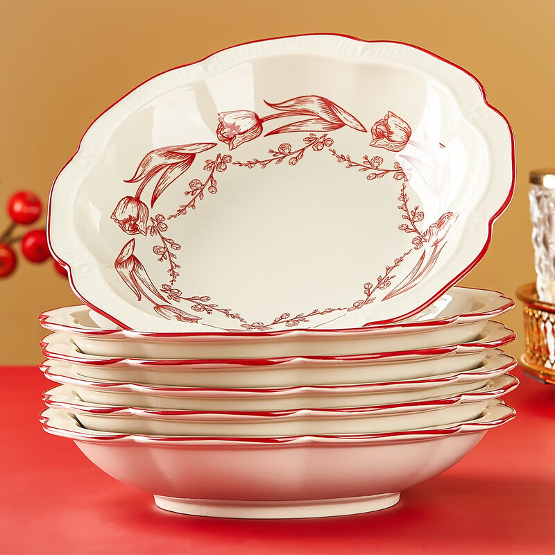 Liuhao new Chinese style red festive plate dish plate household new underglaze color ceramic tableware plate bowl high-end 6 bowls 4 plates 4.5 inch bowl + 8 inch plate