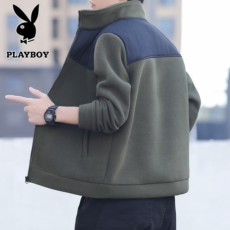 Playboy (PLAYBOY) jacket men's autumn and winter casual versatile velvet thickened windproof stand-collar jacket for young and middle-aged people Green L