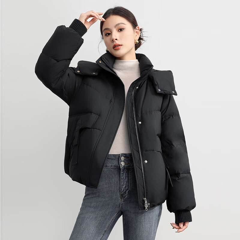 Flying in the snow short down jacket for women 2025 winter new hooded casual thickened warm 90 velvet jacket trendy black XS