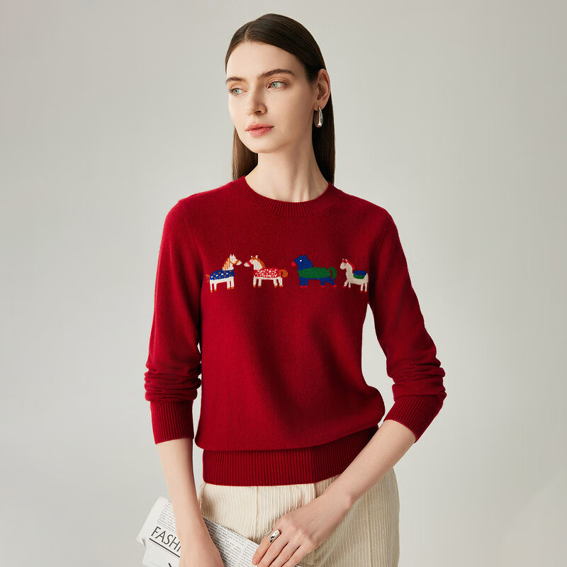 Zhaojun 2025 Autumn and Winter New Contrast Color Horse Zodiac Style Cashmere Sweater Women's Red Knitted Sweater Round Neck Bottoming Sweater Burgundy Red L