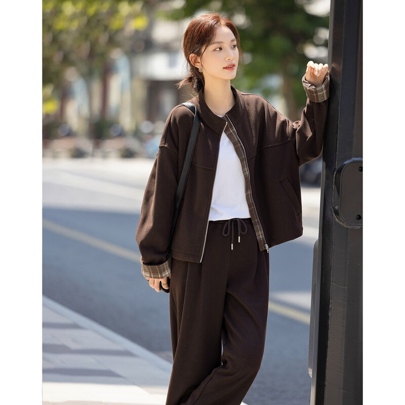 Demana style suit, winter temperament stand-up collar plaid splicing jacket, contrasting color elastic waist trousers, women's two-piece set