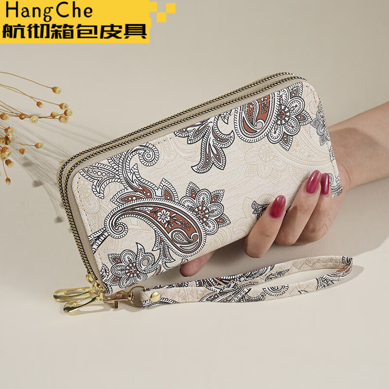 Ye Yu 2025 New Retro Print Lace Wallet Women's National Style Double Zipper Large Capacity Mobile Phone Bag Fashion Gray