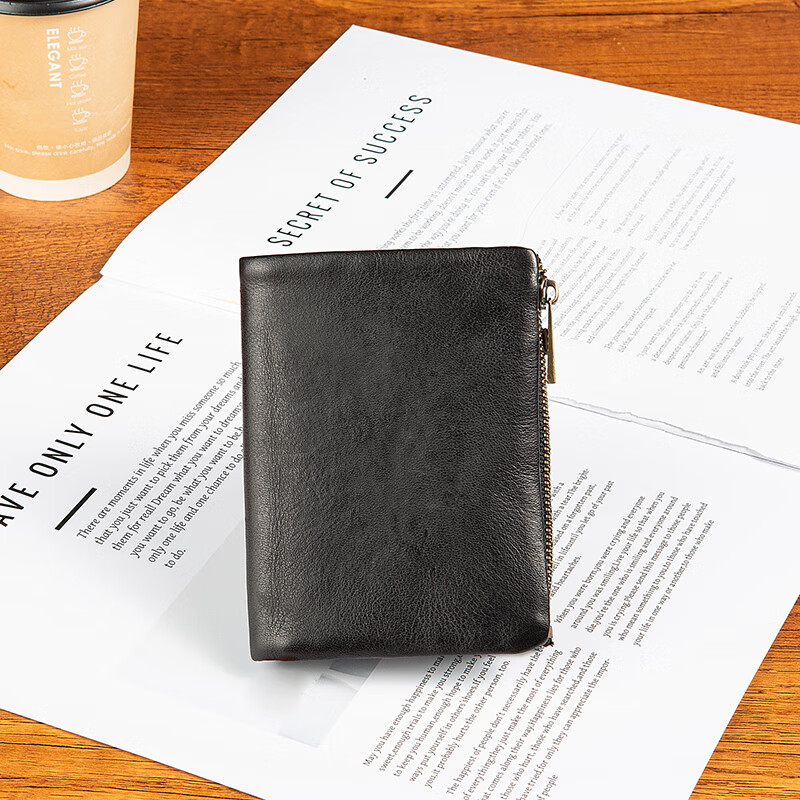 Sefulun (seefulun) pure cowhide short folding wallet with double bill slots, unisex, ultra-thin, portable, genuine leather inside and outside, two-fold wallet, black - genuine leather inside and outside, double bill slots