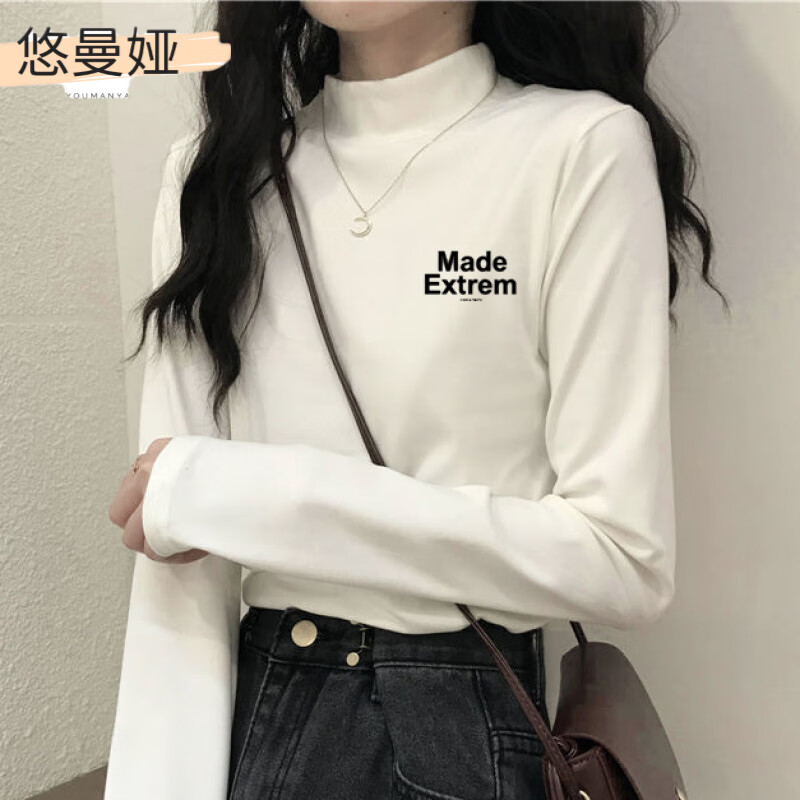Youmanya de velvet bottoming shirt for female students to wear in autumn and winter half turtleneck t long sleeve t-shirt plus velvet thickened warm clothing autumn coat top de velvet white-294# fuzzy little black cat M 95-110 catties