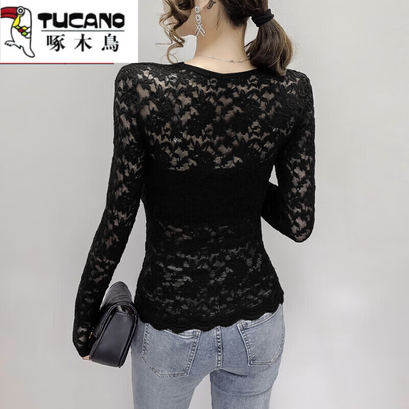 Woodpecker high-end V-neck lace bottoming shirt for women 2025 spring new small shirt with velvet inner long-sleeved mesh top for women Black Garib L 110-120