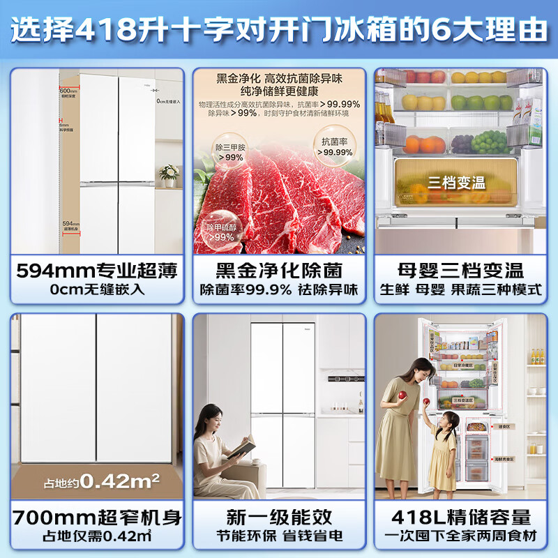 Haier refrigerator 418 liters cross-door ultra-thin zero-embedded white air-cooled frost-free first-class energy efficiency dual-frequency household large-capacity refrigerator small red flower subsidy 15% 70 wide + ultra-thin zero embedded + black gold purification