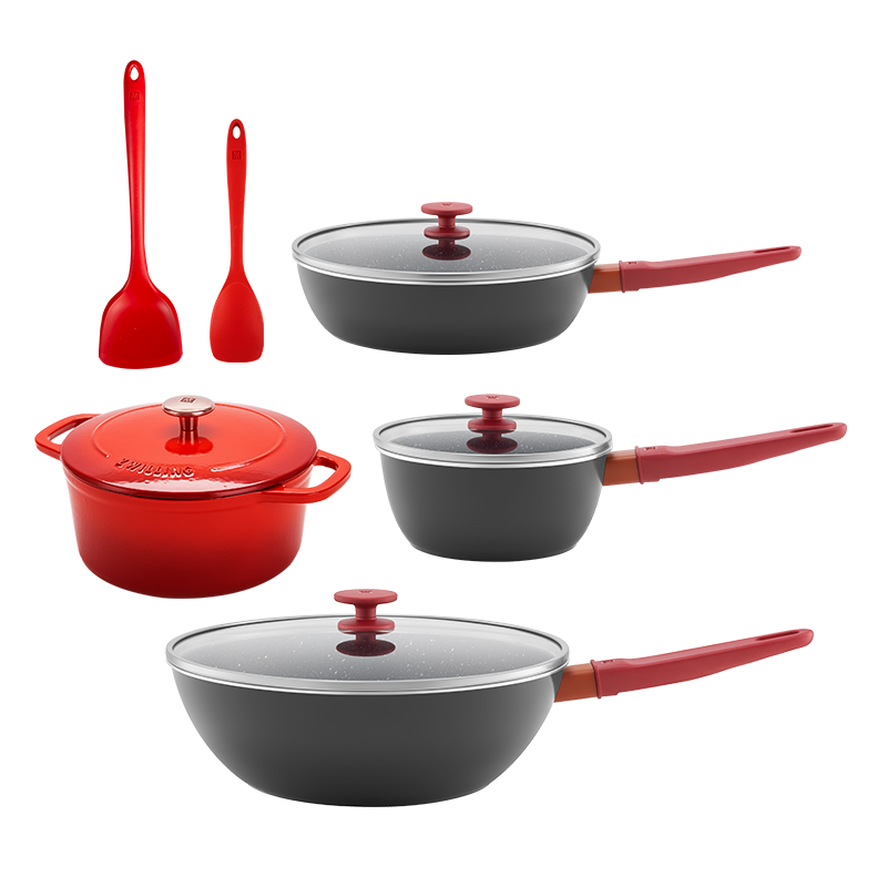 ZWILLING pot set, frying pan, household non-stick pot, wok, enamel pot, steamer, milk pot, kitchen utensils and pots, new upgrade with titanium, Now Plus II kitchen utensils 6-piece set - pomegranate red