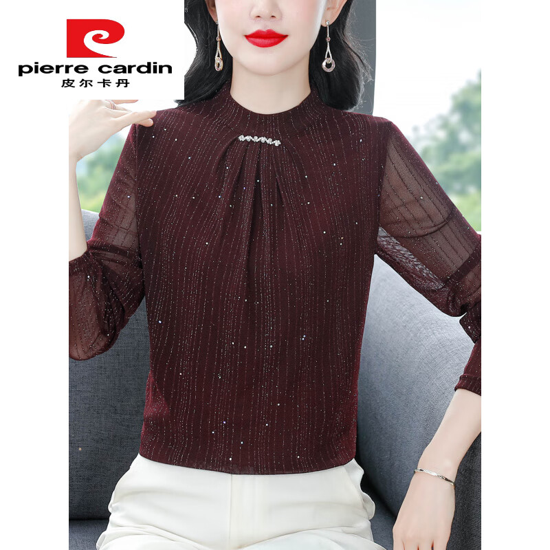 Pierre Cardin half turtleneck purple mesh bottoming shirt for women spring and autumn 2025 new autumn wear with women's T-shirt long-sleeved top Purple M