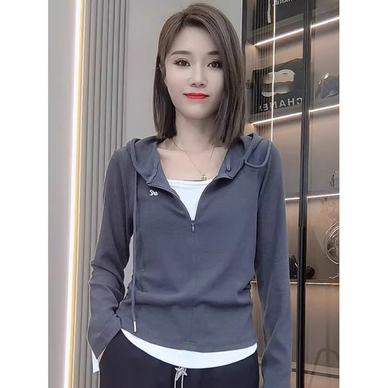 Pierre Cardin autumn and winter suit simple commuting large size hooded long-sleeved T-shirt for women 2025 autumn new style fake two-piece gray high quality M