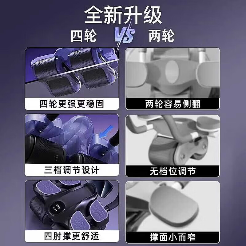 He Jiagong's new four-wheel abdominal fitness wheel, automatic rebound, abdominal muscle training tool for men and women, household abdominal curling and slimming exercise equipment, new upgraded model - 4 wheels with timing and kneeling pad