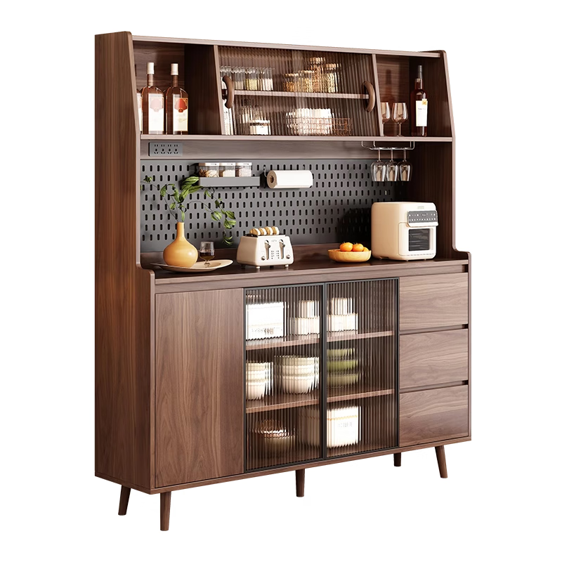 Ling Yuxun solid wood sideboard against the wall integrated storage cabinet double-layer multi-functional wine cabinet storage cabinet new Chinese tea cabinet solid wood ecological board Changhong glass door 80cm double door installation included