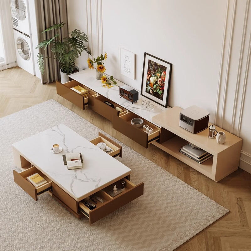 Notason slate coffee table living room 2025 new small apartment home modern high-end French coffee table cream style retractable burnt tea + khaki retractable coffee table
