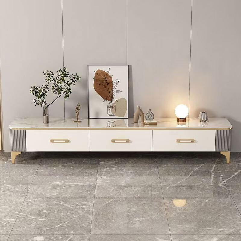 Tuorun high-leg slate coffee table TV cabinet combination set coffee table living room small apartment coffee table light luxury high-end 2025 snow mountain white slate + golden bracket 1.6 meters three-drawer TV cabinet
