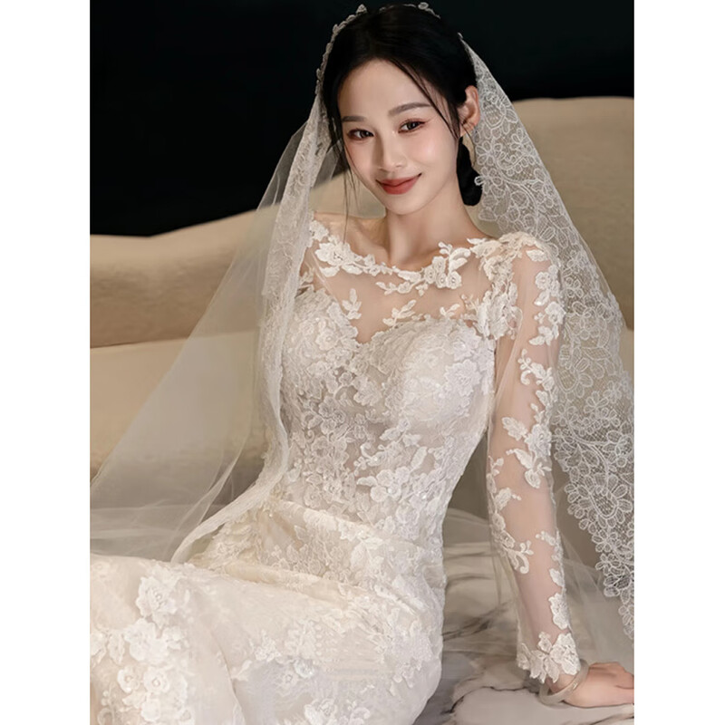 Wei Lianmenglan fishtail light wedding dress bride 2025 new French long-sleeved lace high-end niche outing veil welcome slim dress white S size is too small