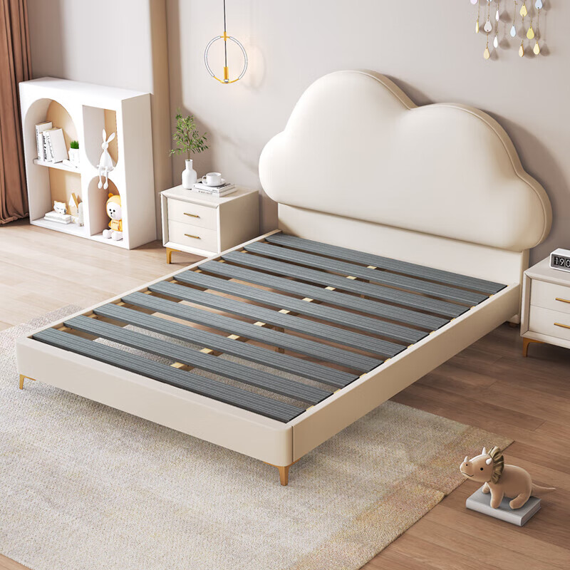 Cream Wind Cloud Children's Leather Bed Modern Simple Solid Wood Double Bed Boys and Girls Princess Bed Cartoon Storage Bed Quality/Children's Bed Color Note/Delivery to Home 1200mm*2000mm Frame Structure