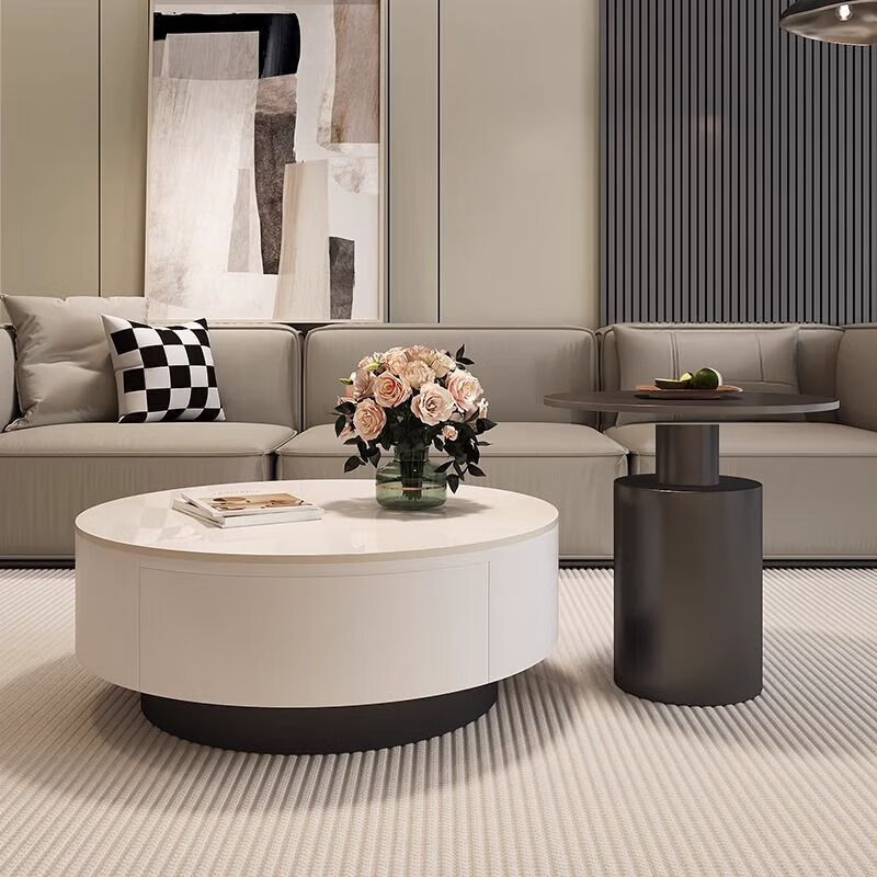 Huabisen Italian high-end light luxury slate coffee table small apartment living room home minimalist round combination simple modern black cabinet white slate 70+45 black edge table