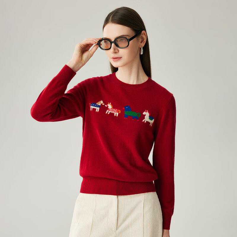 Zhaojun 2025 Autumn and Winter New Contrast Color Horse Zodiac Style Cashmere Sweater Women's Red Knitted Sweater Round Neck Bottoming Sweater Burgundy Red L