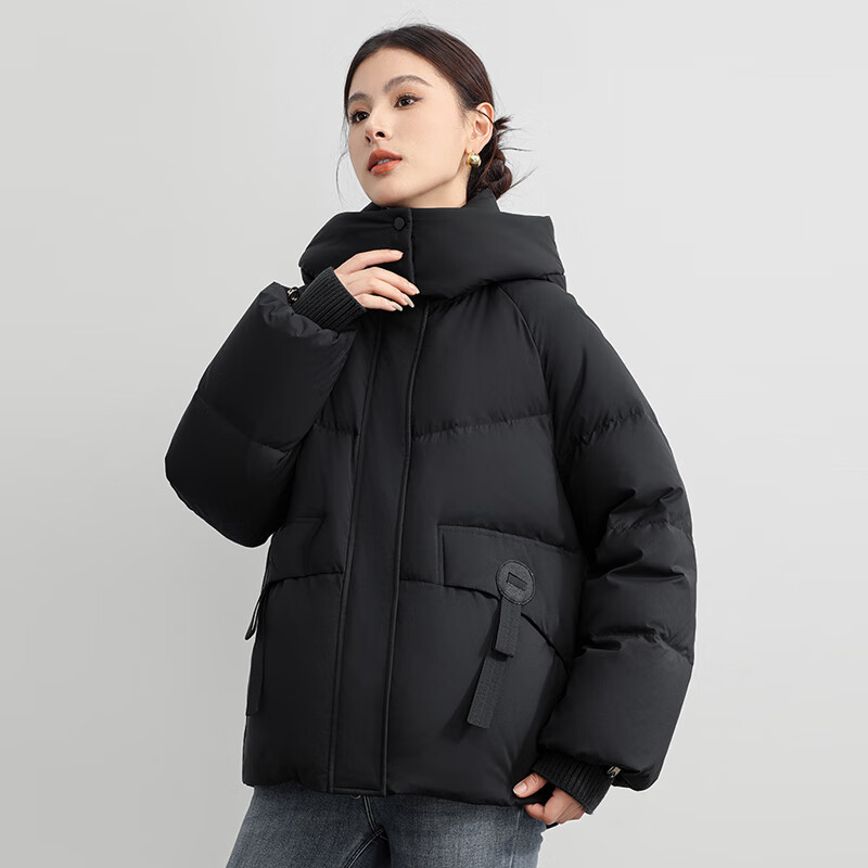 Flying in the snow short down jacket for women 2025 winter new hooded casual thickened warm 90 velvet jacket trendy black XS