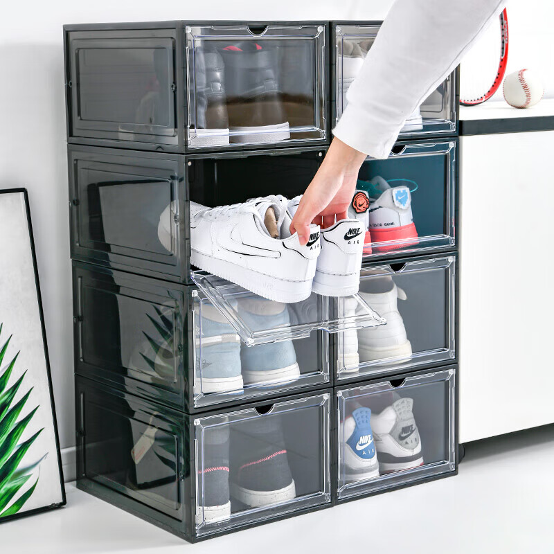 Magnetic suction high-looking transparent drawer-type shoe box shoe storage box dormitory artifact space-saving shoe rack shoe cabinet separate front door medium size magnetic suction 46 size low-top shoes transparent black one pack