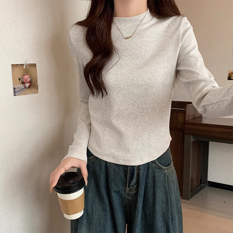 NOME German velvet half turtleneck bottoming shirt for women with long sleeves and autumn and winter half turtleneck scalloped hem top white M