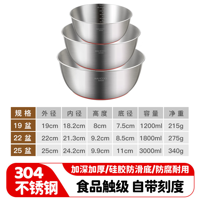 MAXCOOK 304 stainless steel salad basin, thickened seasoning basin, three-piece vegetable basin set with scale MCWA4591