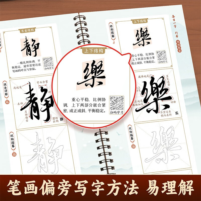 Daily one-word running script brush calligraphy introduction copying calligraphy card for adults, calligraphy hobby for primary and secondary school students, soft pen tracing video teaching guide copybook for beginners