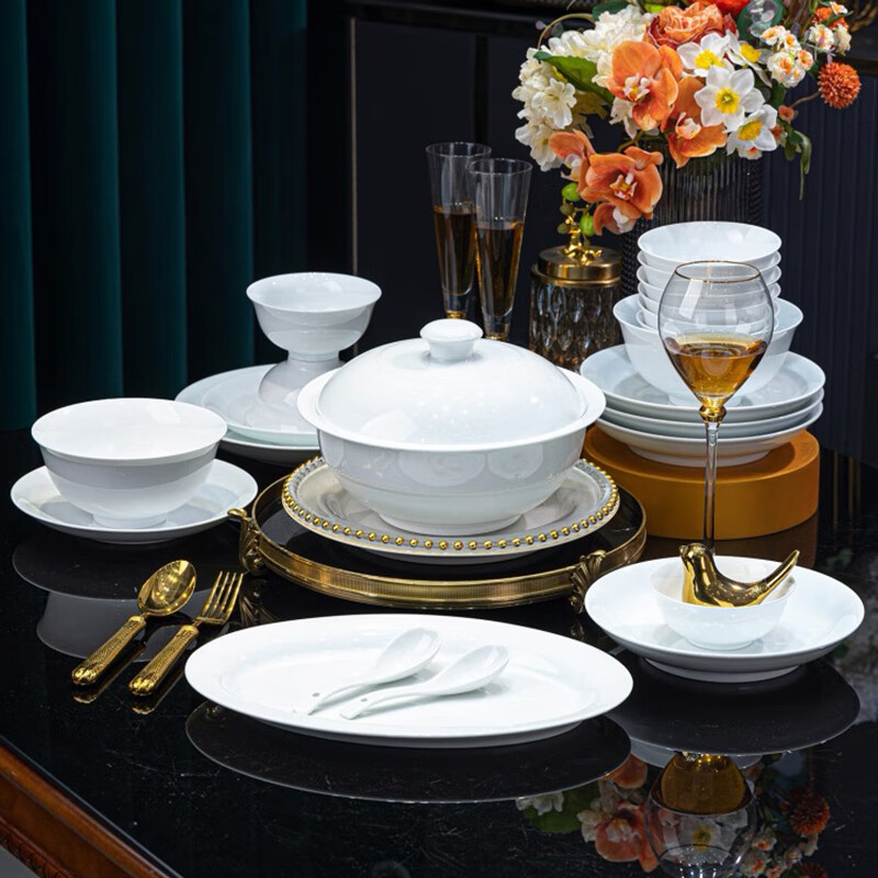 Jingqiu Jingdezhen high temperature white porcelain tableware complete set high white clay 1380 fired pure white dishes and dishes tableware set for home use high temperature white porcelain underglaze color Bailu 10 person set 70 pieces