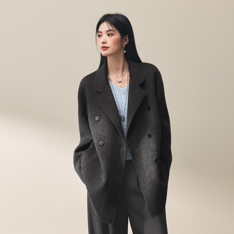 Eveli (eifini) Jiang Xin endorses camel velvet silk double placket double-sided woolen coat for women 2025 autumn woolen dark gray S