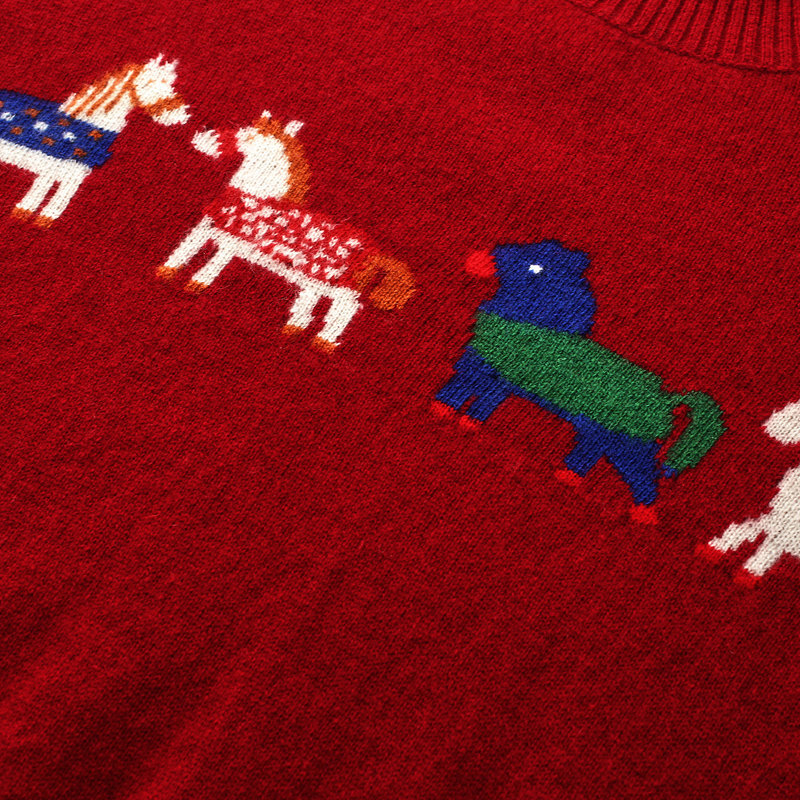 Zhaojun 2025 Autumn and Winter New Contrast Color Horse Zodiac Style Cashmere Sweater Women's Red Knitted Sweater Round Neck Bottoming Sweater Burgundy Red L
