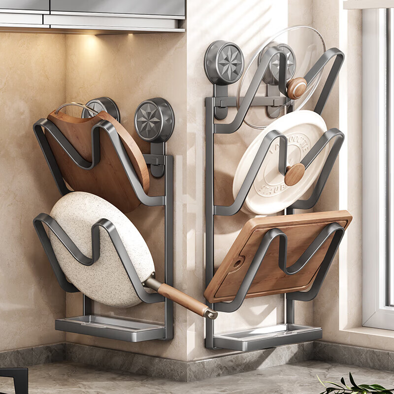 Added suction cup pot lid rack wall-mounted hole-free kitchen storage rack multi-functional home storage cutting board placer chopping board rack