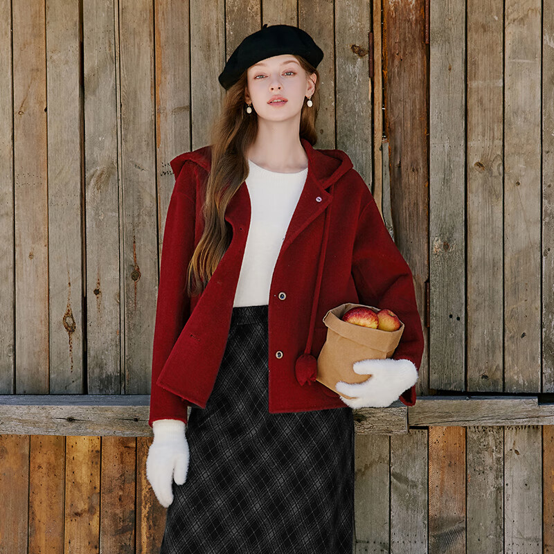 Xiangying cashmere + sheep wool hooded double-sided woolen coat for women 2025 winter new woolen red coat burgundy M 160/84A/95-110 catties