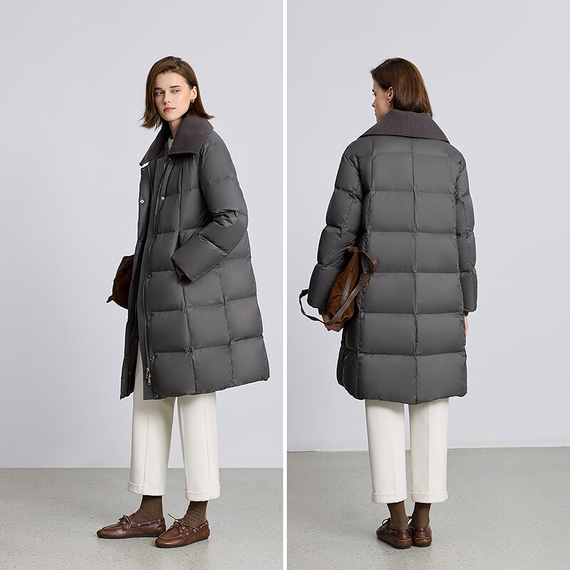 LILY2025 Winter New Retro Knitted Lapel Loose Casual 90 Duck Down Puff Down Jacket Women's Long 506 Medium Gray S