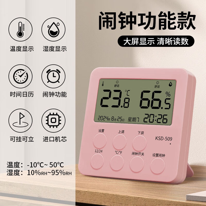 Diaohuang Room Temperature and Humidity Display Electronic Meter Household Accurate Baby Room Dry and Humidity Thermometer Indoor Table Clock Luminous Flagship Smart Comfort Reminder Perpetual Calendar Pink