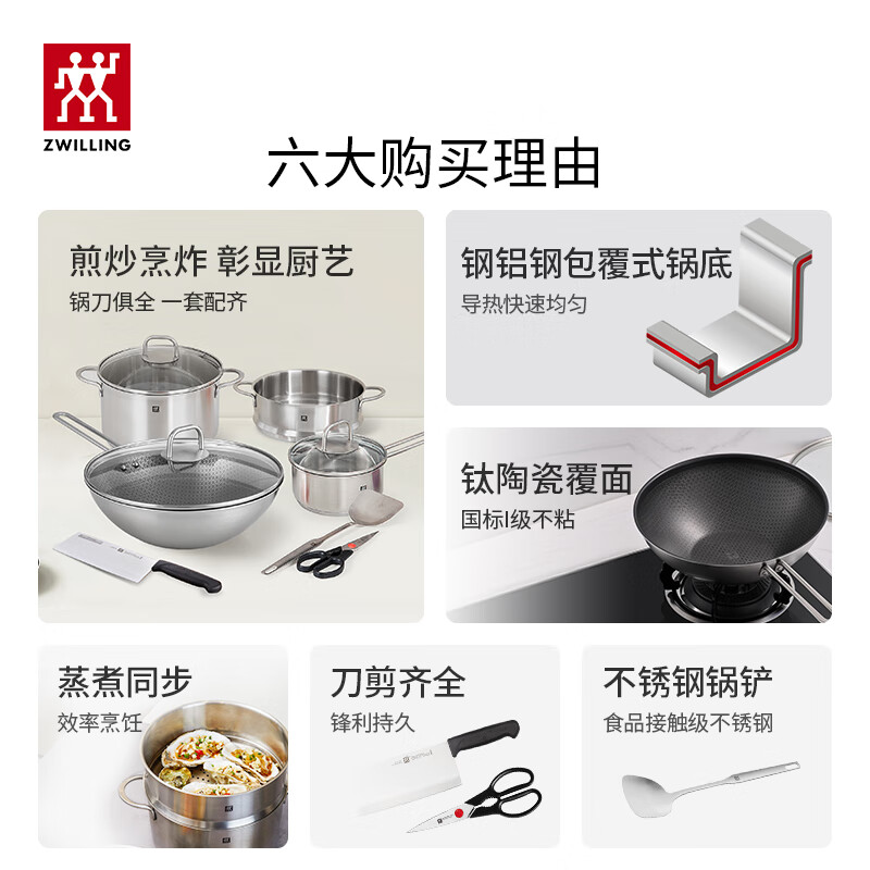 ZWILLING pot set titanium ceramic covered honeycomb wok stainless steel soup pot steamer milk pot chopping knife kitchen scissors spatula century classic 8-piece set