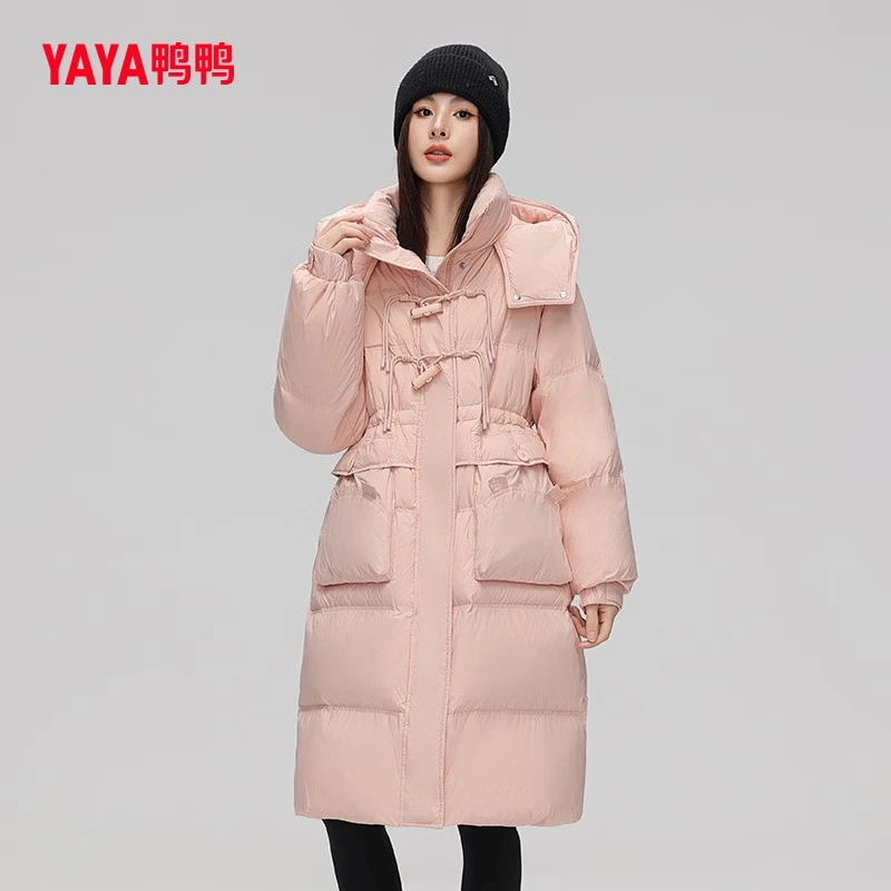 YAYA Down Jacket Women's Pink 2025 Winter New Hooded Mid-Length Extremely Cold Warm Thick Jacket Black M