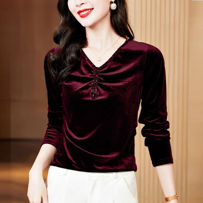 Pierre Cardin velvet women's top with bottoming shirt spring and autumn new high-end rich woman low-necked shirt fashionable long-sleeved top for women black regular M recommended 85-100 pounds