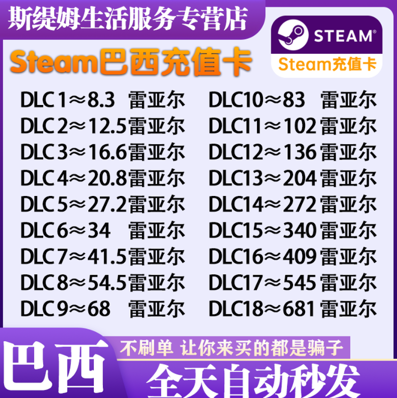 Automatically issued in seconds Steam Brazil recharge card wallet recharge code BRL 20 100 reais balance point card recharge card wallet CDK DLC6