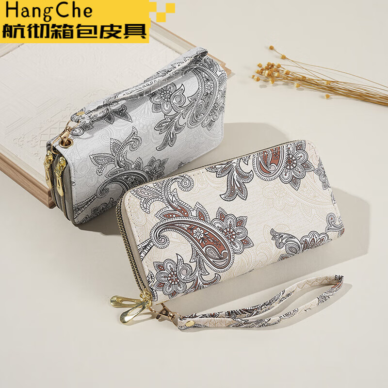 Ye Yu 2025 New Retro Print Lace Wallet Women's National Style Double Zipper Large Capacity Mobile Phone Bag Fashion Gray