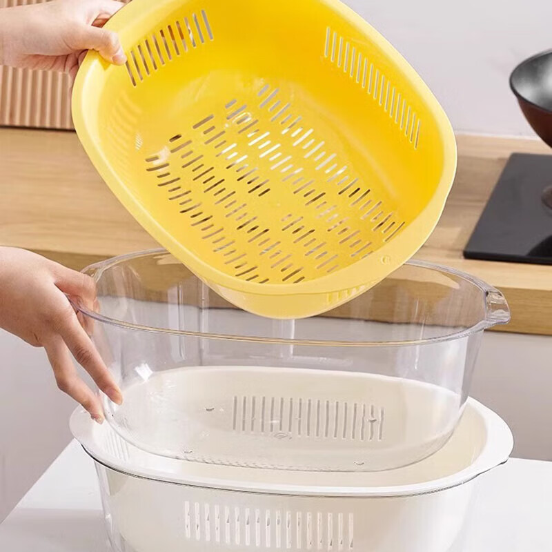 He Jiagong vegetable washing basket double-layer transparent drain basket household kitchen vegetable basket multi-functional fruit washing basin vegetable basin white double-layer drain basket 2 pieces