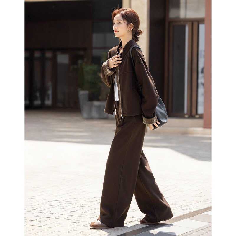 Demana style suit, winter temperament stand-up collar plaid splicing jacket, contrasting color elastic waist trousers, women's two-piece set