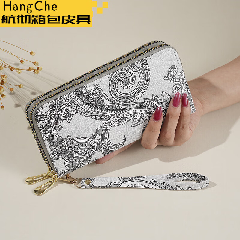 Ye Yu 2025 New Retro Print Lace Wallet Women's National Style Double Zipper Large Capacity Mobile Phone Bag Fashion Gray