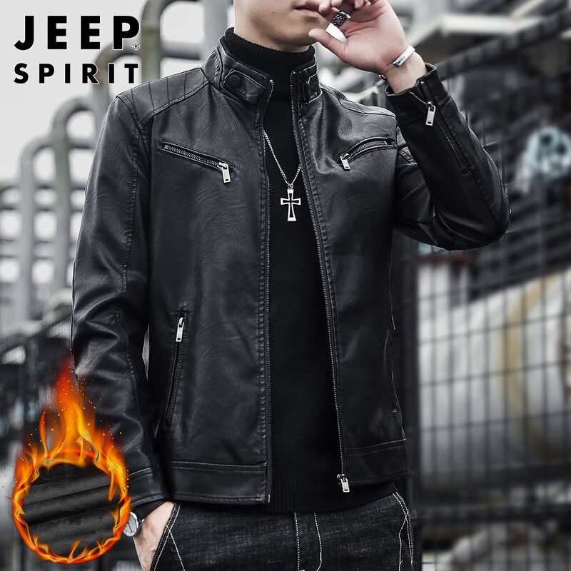 JEEP SPIRIT Jeep leather jacket men's autumn and winter loose jacket men's stand-up collar handsome motorcycle leather jacket black plus velvet 2XL