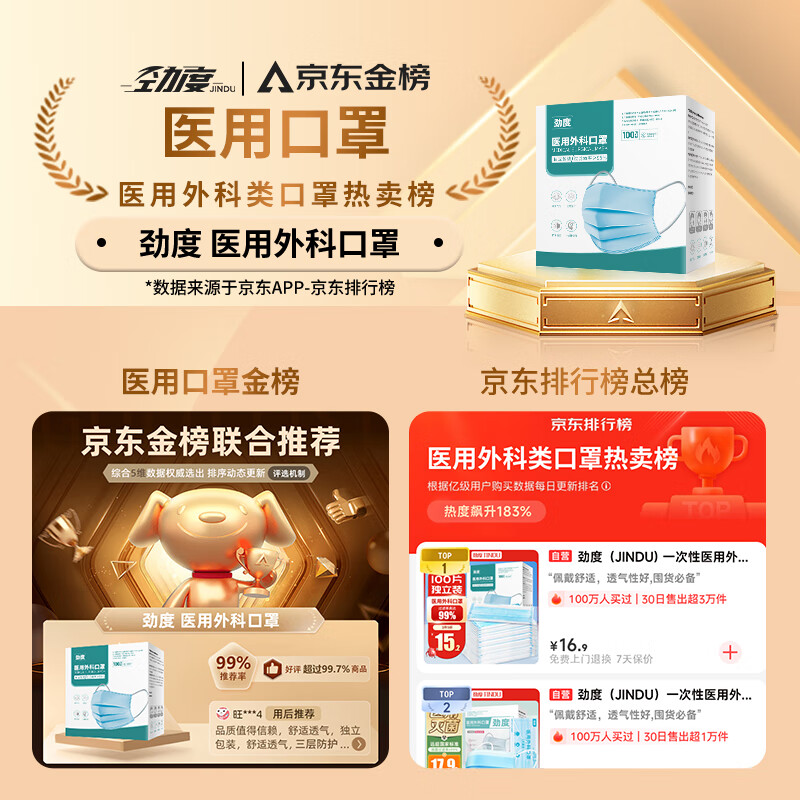 JINDU Disposable Medical Surgical Masks 100 individually packed medical protective three-layer anti-dust droplet adult masks