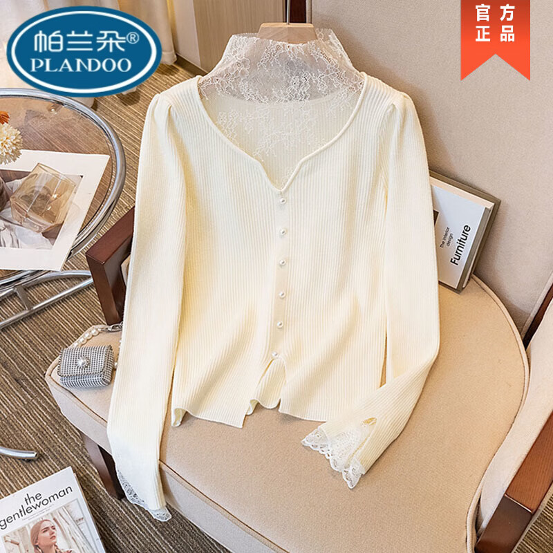 Palanduo Xiaoxiangfeng lace stitching long-sleeved bottoming shirt for women 2025 autumn and winter new style fake two-piece slimming tops white high quality L 105-120 pounds