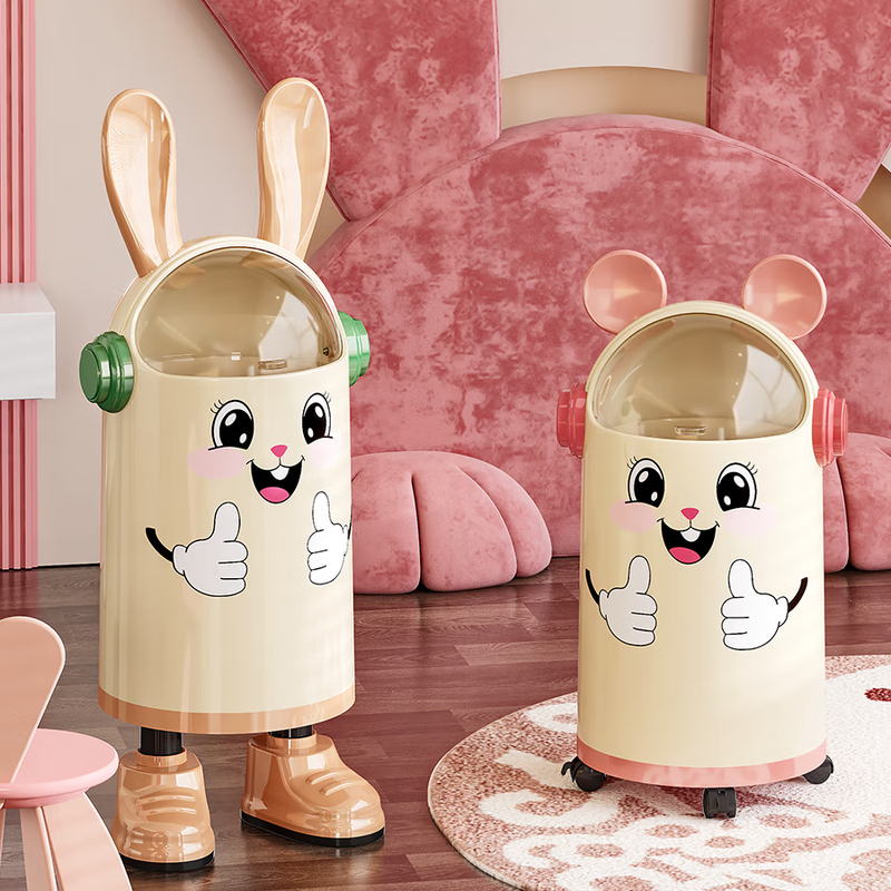 Rabbit trash can household cute high-looking trash can living room and bedroom storage large capacity with cover thickening simple pink smiley face - standing style