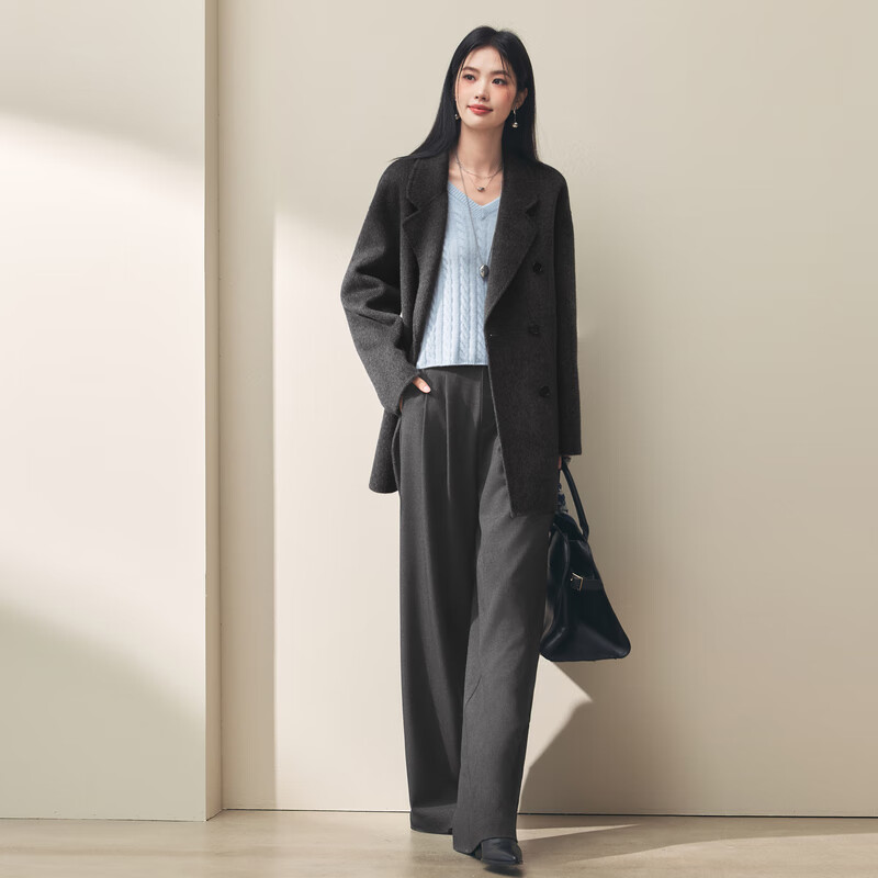 Eveli (eifini) Jiang Xin endorses camel velvet silk double placket double-sided woolen coat for women 2025 autumn woolen dark gray S