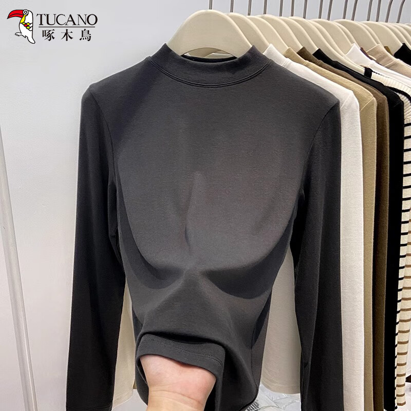 Woodpecker Half Turtle Collar Slim Fit Bottoming Shirt Women's Autumn and Winter New Stand Collar German Velvet Long Sleeve T-Shirt Thickened Top White XL