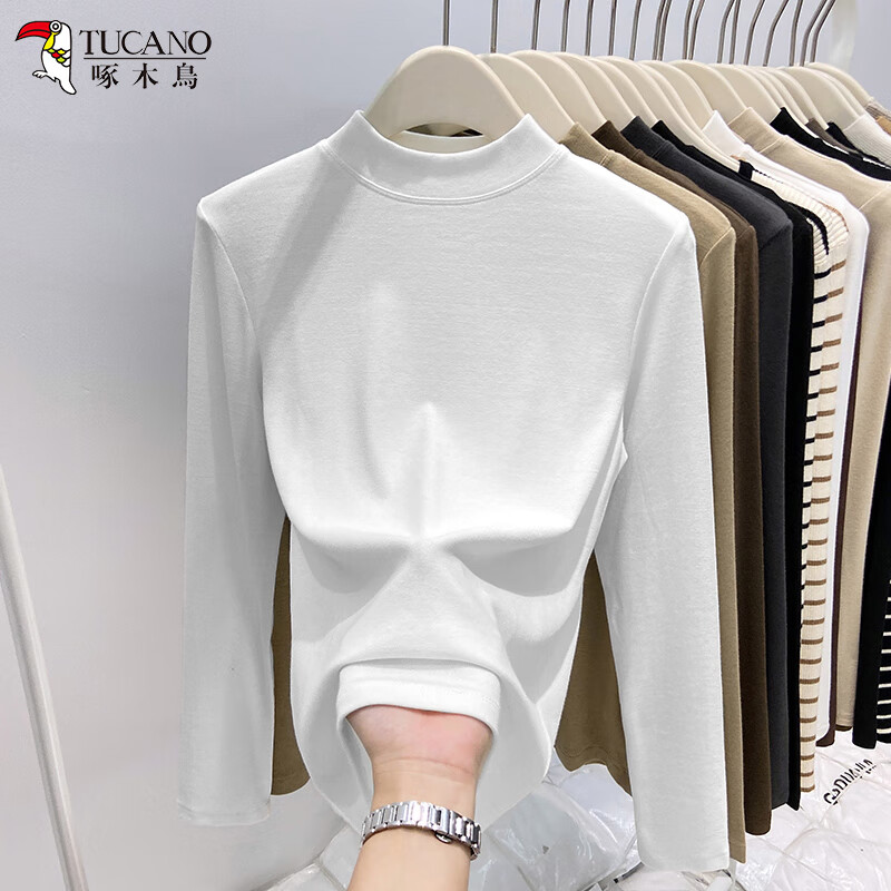 Woodpecker Half Turtle Collar Slim Fit Bottoming Shirt Women's Autumn and Winter New Stand Collar German Velvet Long Sleeve T-Shirt Thickened Top White XL