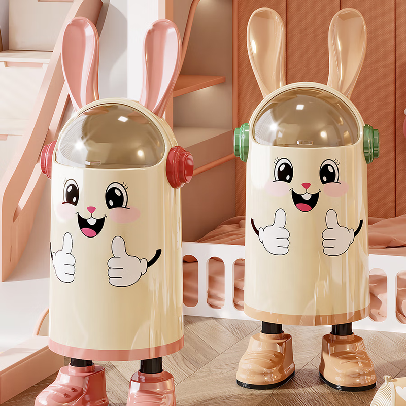 Rabbit trash can household cute high-looking trash can living room and bedroom storage large capacity with cover thickening simple pink smiley face - standing style